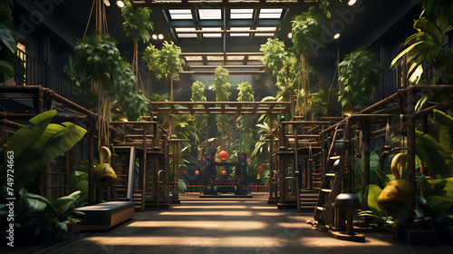 A gym with a jungle theme, using lush foliage and monkey bars for a unique workout experience. photo