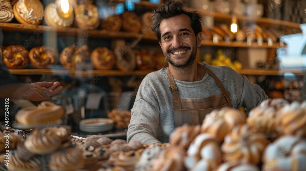 Broad view of the happy pastry shop owner. Generative Ai.
