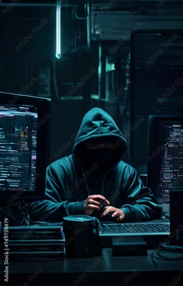 hacker stealing data from a computer, hacker coding on laptop, person sitting on his desk working on desktop generative AI hacker stealing data from a computer, hacker coding on laptop, person sitting on his desk working on desktop generative AI