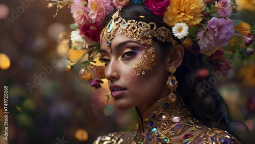 aesthetically beautiful girl in tradition dress and makeup wearing floral crown on her head portrait of a woman in a carnival mask, a dancer, attractive model photoshoot generative AI photo