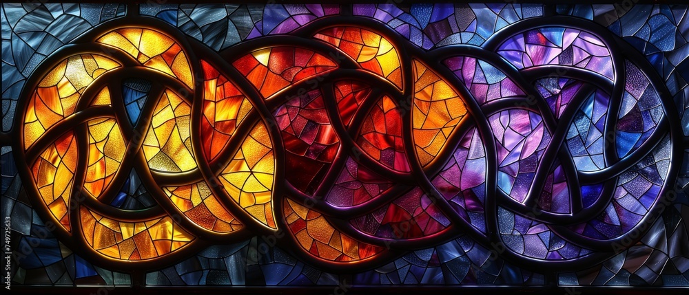 Simple Celtic knot symbol in stained glass style with bright yellow, purple, and dark orange colors