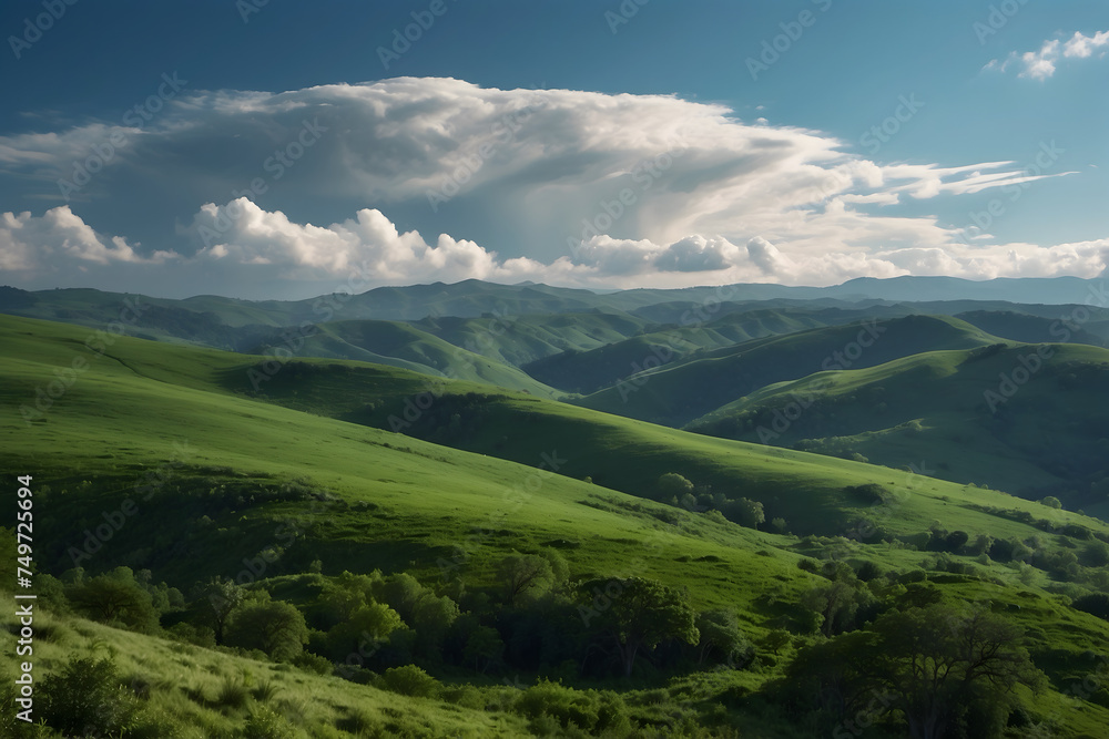 A landscape of green hills with beautiful white clouds