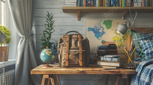 Children's bedroom with books, a globe, a wooden desk, and a rucksack. Generative Ai.