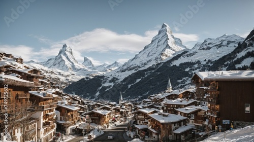 Swiss Alpine Ski Resort Amidst Majestic Mountains with Snow-covered Peaks and Stunning Winter Panorama