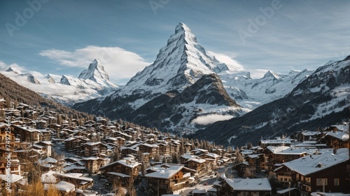 Swiss Alpine Ski Resort Amidst Majestic Mountains with Snow-covered Peaks and Stunning Winter Panorama