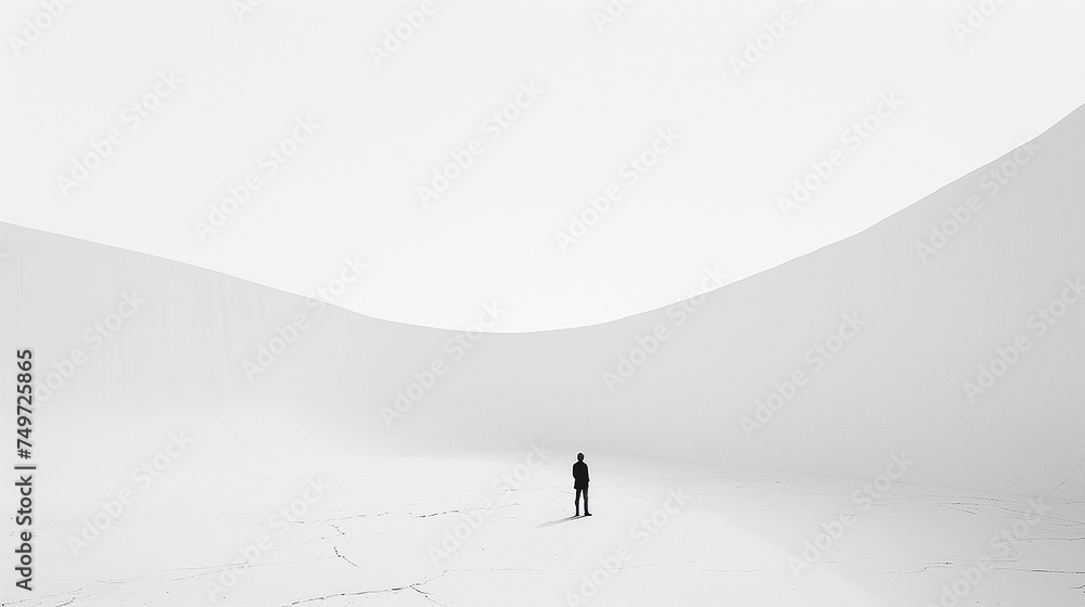 silhouette of a man, white surreal landscape. Generative Ai.