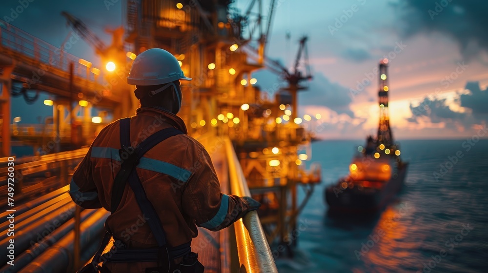 A worker on an offshore oil rig strolling. Generative Ai.