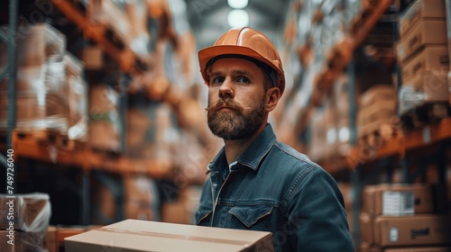 A dapper man working with boxes while sporting a hard hat. Generative Ai. photo