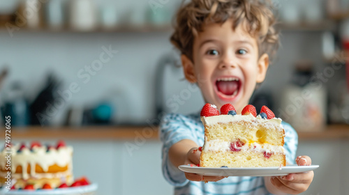 A happy birthday boy holding a slice of cake towards the camera, his mouth watering as he prepares to take a bite