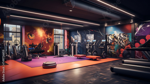 A gym with a music-themed interior, incorporating soundproof walls and a live DJ booth.