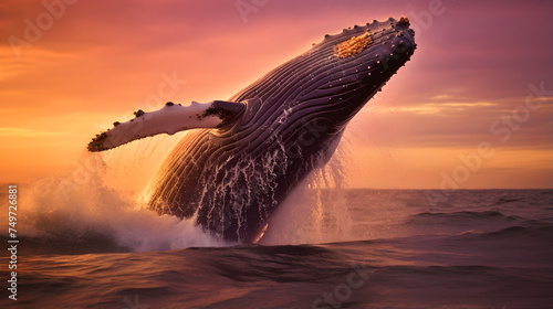 Dancing Dusk: The Majestic Leap of a Humpback Whale in the Twilight Sky © Beulah