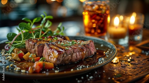 grilled steak with vegetables and herbs on a wooden table in a restaurant