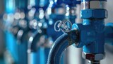 Close-up of brand-new blue taps with drinking water pipeline valve. Generative Ai.