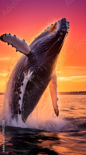 Dancing Dusk: The Majestic Leap of a Humpback Whale in the Twilight Sky © Beulah