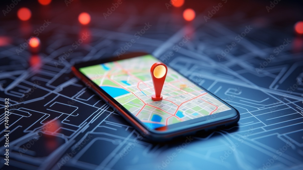 Fototapeta premium Smartphone with map, 3D Map pins, GPS, navigator pin checking points, 3D World Map icon, technology and application mobile smart phone with mobile, delivery tracking, transportation, generate by AI