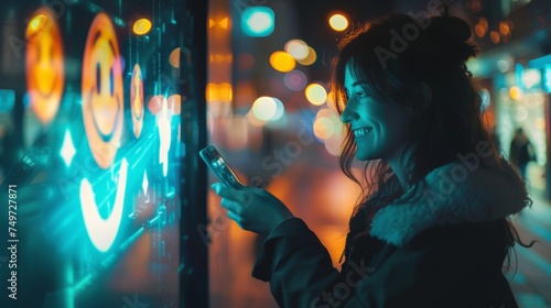 woman touching smartphone screen using smiley face emoticon with IoT internet of things and modern digital networking concept. people watching live video © pinkrabbit