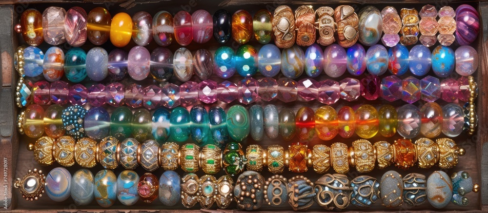 A box filled with a variety of differently colored beads, creating a vibrant and colorful display. Each bead is unique in size, shape, and hue, making for a visually striking collection. A box filled with a variety of differently colored beads, creating a vibrant and colorful display. Each bead is unique in size, shape, and hue, making for a visually striking collection.