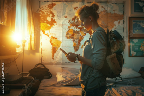 Adventurous Traveler with Backpack Planning Journey with Map and Smartphone