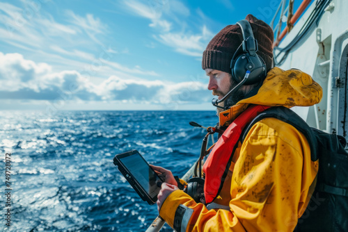Marine Navigator in Protective Gear Using Tablet on Ship in Open Sea