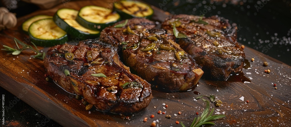 A rustic wooden cutting board is presented with dry aged Wagyu ribeye beef steaks seasoned with paprika and accompanied by sliced zucchini. A rustic wooden cutting board is presented with dry aged Wagyu ribeye beef steaks seasoned with paprika and accompanied by sliced zucchini.