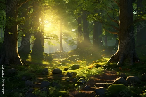 Whimsical Woodlands  Enchanting forest scene with sunlight streaming through the trees  casting a magical glow on the woodland floor.  