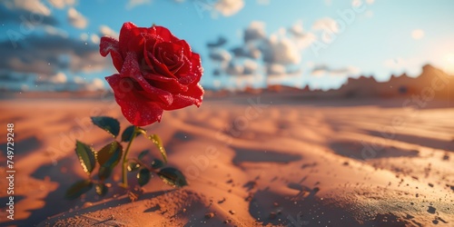 A red rose in the brown sand desert