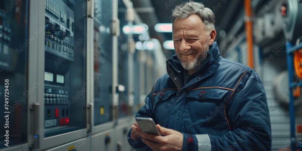 Factory man worker standing in front Employee Attendance System, using a smartphone, looking at a smartphone, smiling happy Factory man worker standing in front Employee Attendance System, using a smartphone, looking at a smartphone, smiling happy