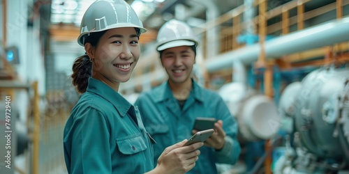 Asian factory man and woman worker standing in front Employee Attendance System, using a smartphone, looking at a smartphone, smiling happy © Attasit