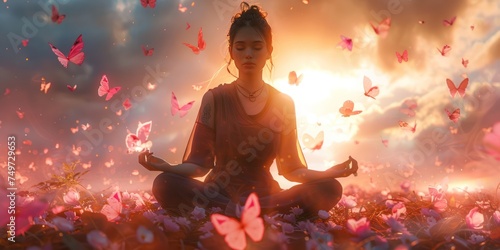 Meditating lady surrounded by a golden aura of peace and stillness with pink butterflies around