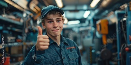 Smiling auto young man mechanic in hat and mechanic's uniform standing with taking thumbs up in new auto repair service garage