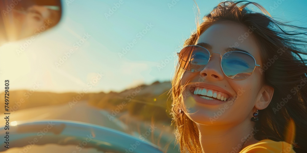 Young beautiful women getting new car, she very happy and excited, Smiling driving vehicle on the road on a bright day - obrazy, fototapety, plakaty 