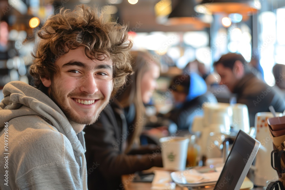 Young Male start-up entrepreneur, happy and smiling, working on a computer in the middle of a busy coffee shop with people in the background Young Male start-up entrepreneur, happy and smiling, working on a computer in the middle of a busy coffee shop with people in the background