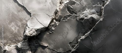 A high-resolution black and white image of a cracked wall, showcasing the details of the texture and pattern of the Italian dark gray marble. The cracks are prominent and add character to the surface