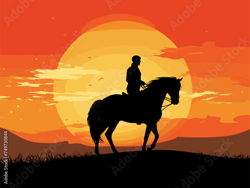cowboy riding horse at sunset scene
