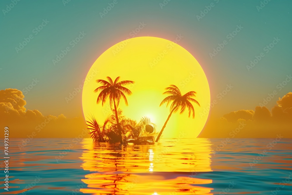 Tropical Beach Sunset with Palm Trees and Reflective Ocean