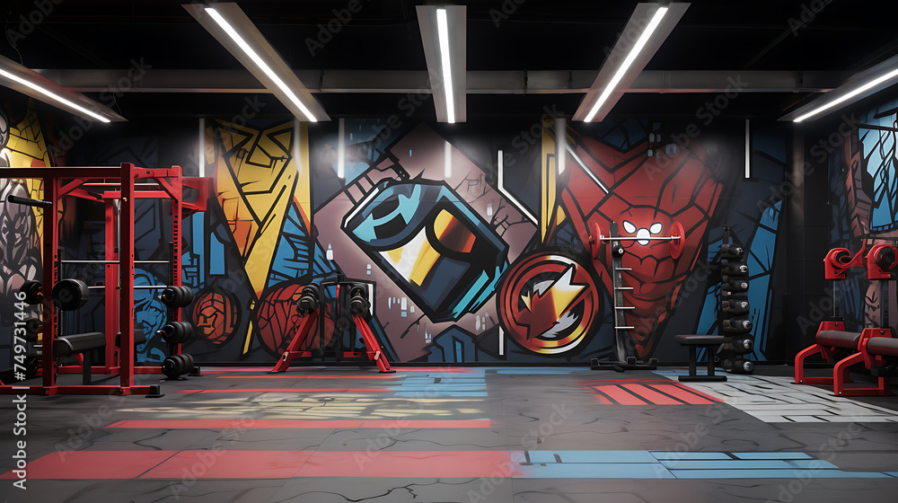Fototapeta premium A gym with a superhero theme, with wall art and equipment resembling iconic superhero symbols.