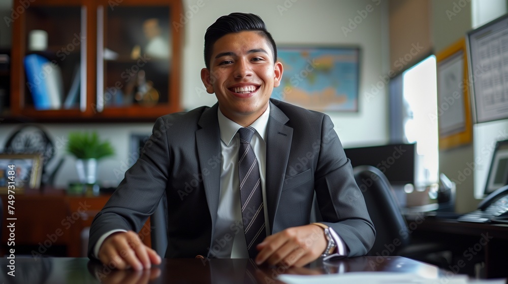 Capture the professionalism and contentment of a young Hispanic businessman inside his office. Capture the professionalism and contentment of a young Hispanic businessman inside his office.
