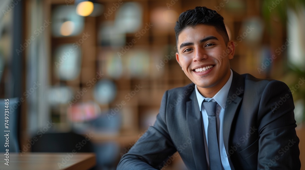 Capture the professionalism and contentment of a young Hispanic businessman inside his office. Capture the professionalism and contentment of a young Hispanic businessman inside his office.