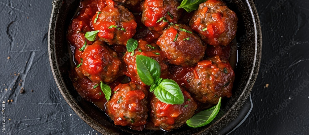 A view from above a pan filled with baked Swedish meatballs covered in rich tomato sauce and garnished with fresh basil leaves on a black background.