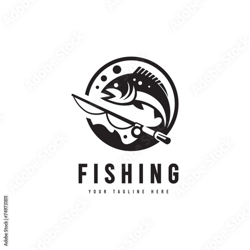 Fishing logo in minimalist style. vector fishing rod and fish silhouette. Suitable for fishing, hobby or beach travel logos.