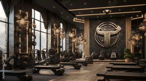 A gym with a Viking Valhalla theme, featuring Viking-inspired workouts and Norse mythology decor. photo