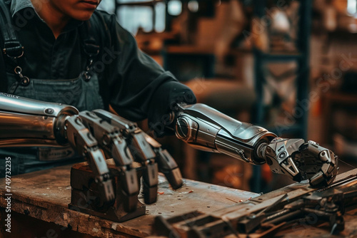 Photography of a person with a sleek, futuristic metal prosthetic arm, engaging in an intricate craft, highlighting precision and strength