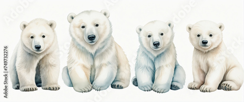 Set of watercolor Polar bear characters isolated on Transparent background