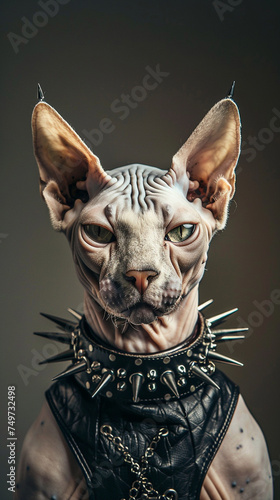 Portrait photography of an edgy Sphynx cat with ear piercings and a spiked collar, studio lights