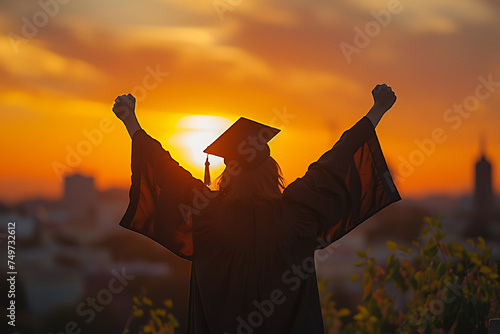 Silhouette of graduate wearing black academic gown and graduation cap with yellow tassel, right hand raised enthusiastically as a sign of success. © Cimutimut