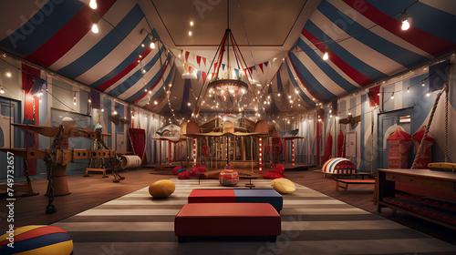 A gym with a vintage circus theme, featuring circus-inspired workouts and circus tent-style decor. photo