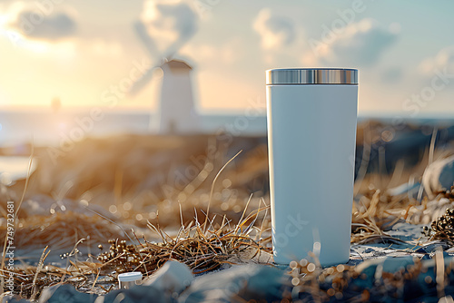 White tumbler with nature background.