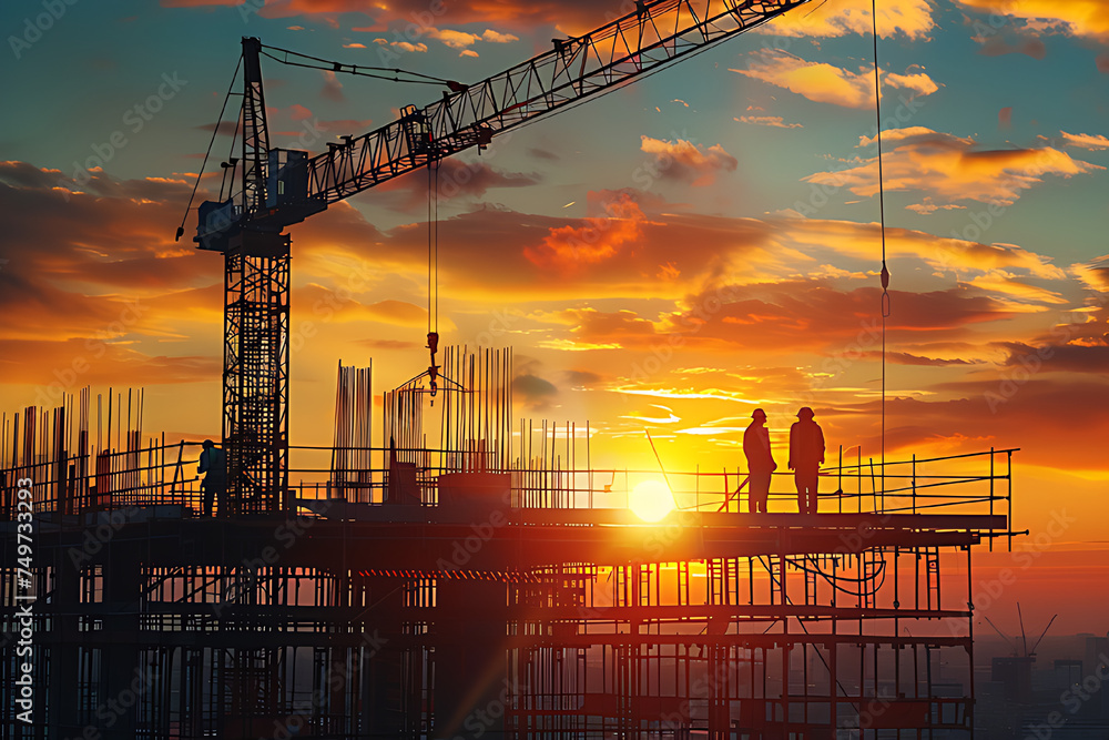 Engineering worker in modern building construction area, crane, sunset.