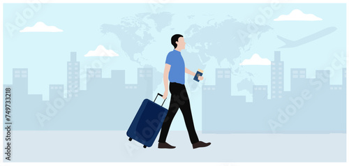 Travel aboard concept, Woman with travelling bag walking at the airport vector illustration. 