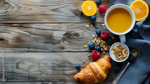 Fresh continental breakfast spread on rustic wooden table. top view of healthy morning food. homemade meal concept with orange juice. AI